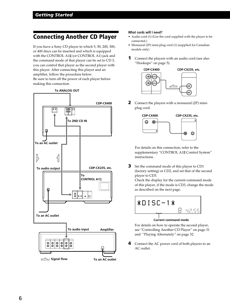 Connecting another cd player, Getting started | Sony CDP-CX400 User Manual | Page 6 / 36