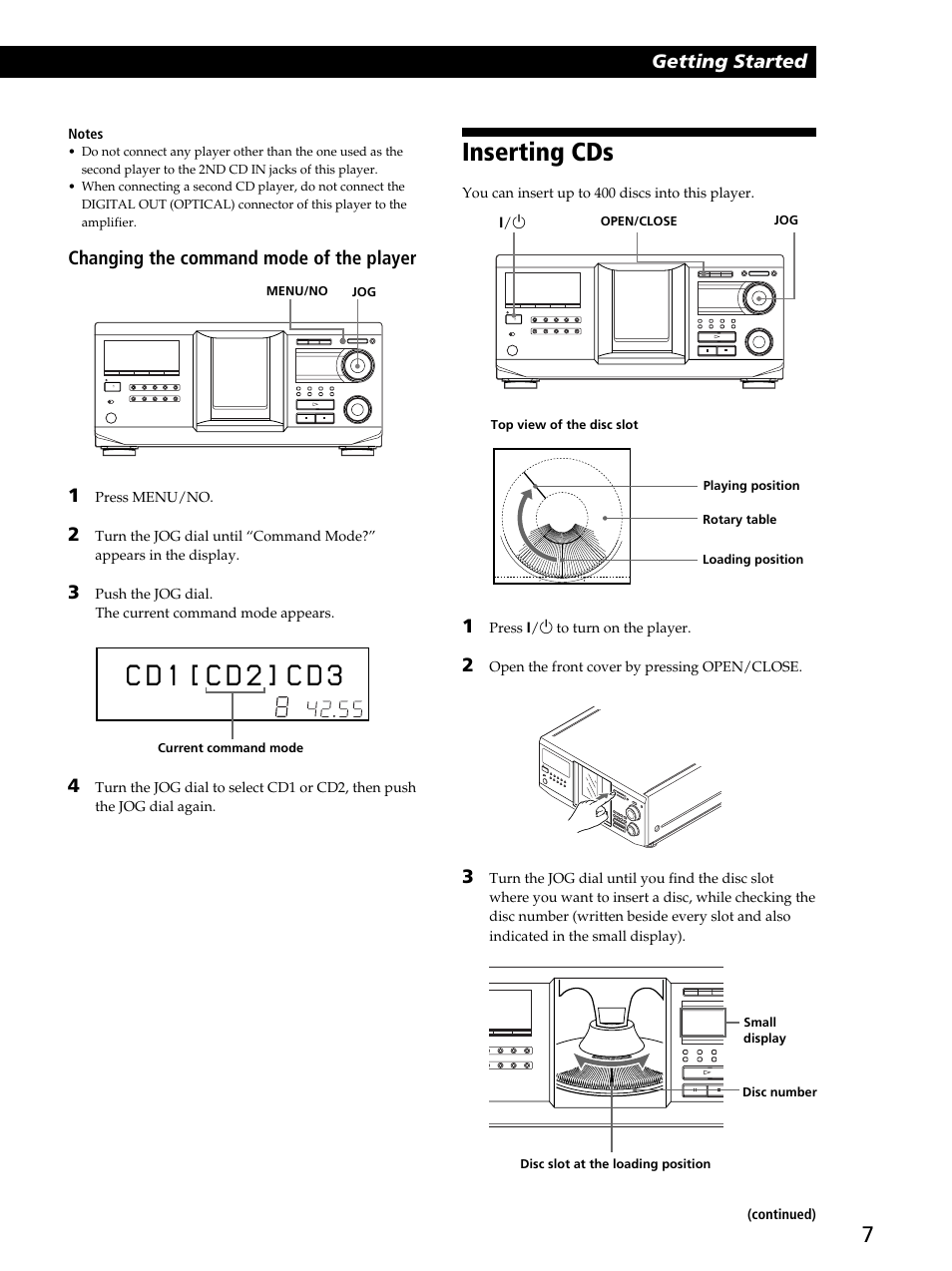 Inserting cds, C d 1 [ c d ] c 2 d 3, Getting started | Changing the command mode of the player 1 | Sony CDP-CX400 User Manual | Page 7 / 36