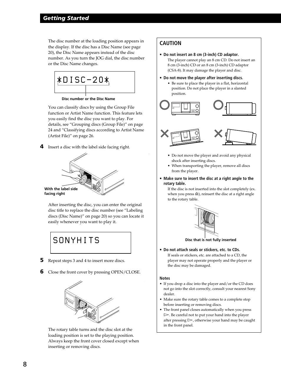 Getting started, Caution | Sony CDP-CX400 User Manual | Page 8 / 36