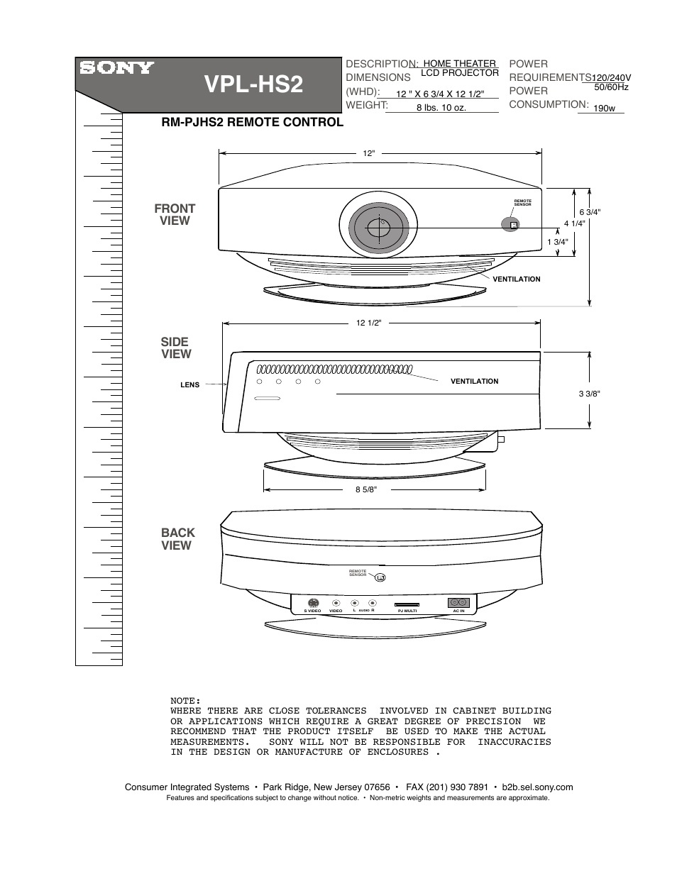 Sony VPL-HS2 User Manual | 1 page