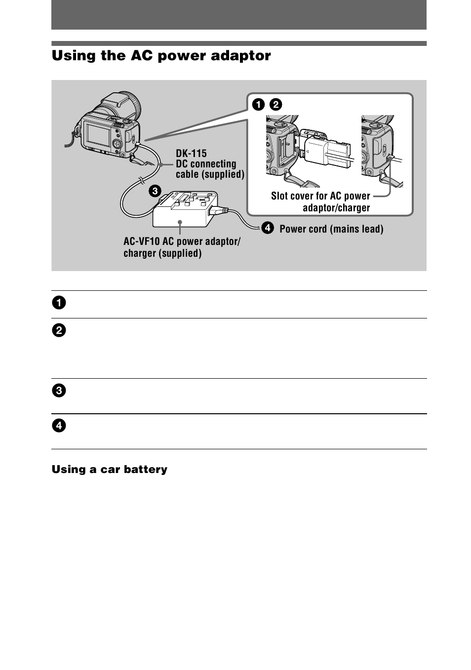 Using the ac power adaptor, R (12), 12 using the ac power adaptor | Sony DSC-F505V User Manual | Page 12 / 68