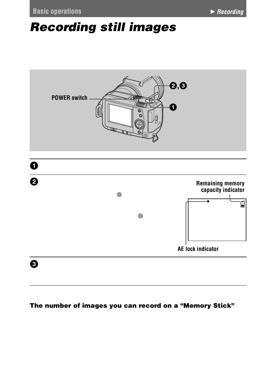 Basic operations, Recording still images | Sony DSC-F505V User Manual | Page 16 / 68