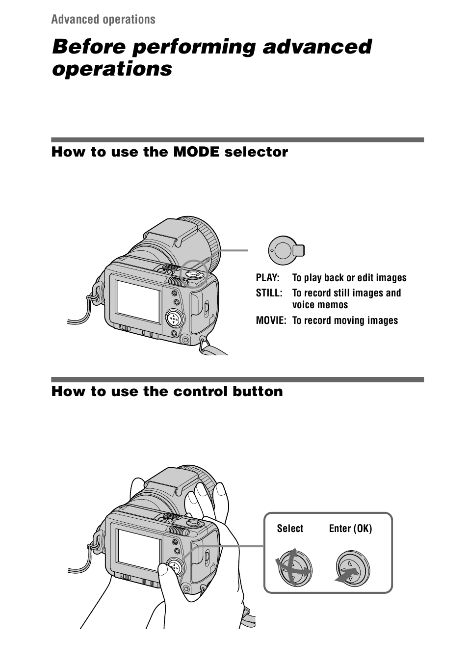 Advanced operations, How to use the mode selector, How to use the control button | Before performing advanced operations | Sony DSC-F505V User Manual | Page 30 / 68