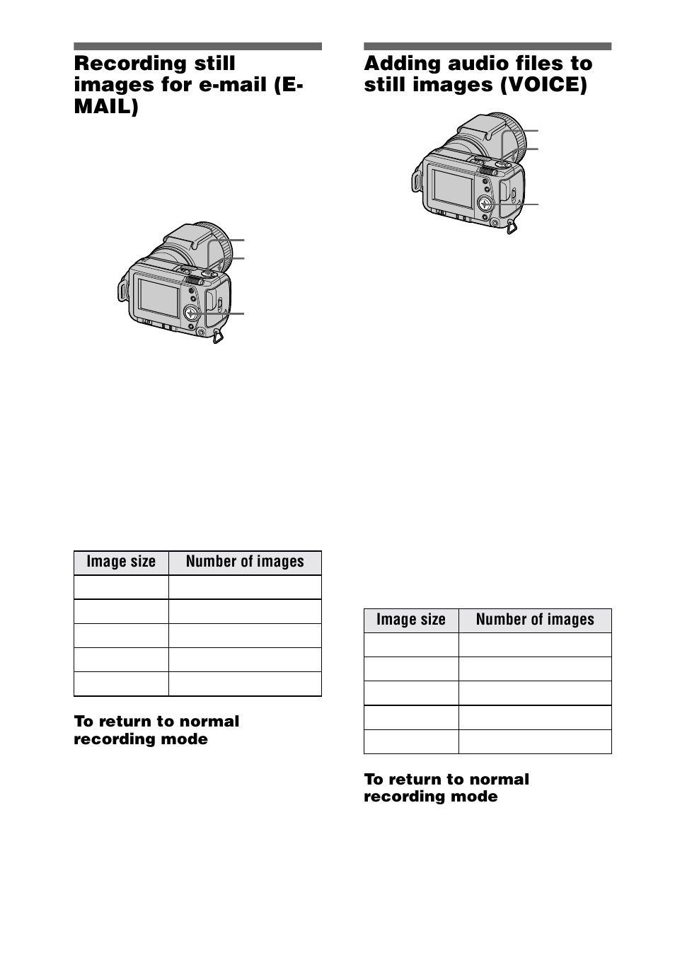 Recording still images for e-mail (e- mail), Adding audio files to still images (voice), Recording still images for e-mail | E-mail), Adding audio files to still images, Voice), 38 recording still images for e-mail (e- mail) | Sony DSC-F505V User Manual | Page 38 / 68