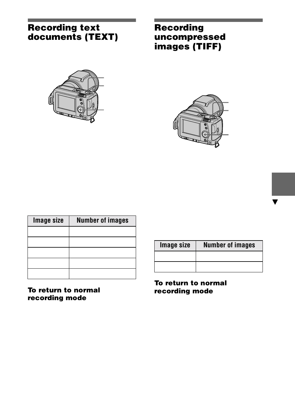 Recording text documents (text), Recording uncompressed images (tiff), Recording uncompressed images | Tiff), 39 recording text documents (text) | Sony DSC-F505V User Manual | Page 39 / 68