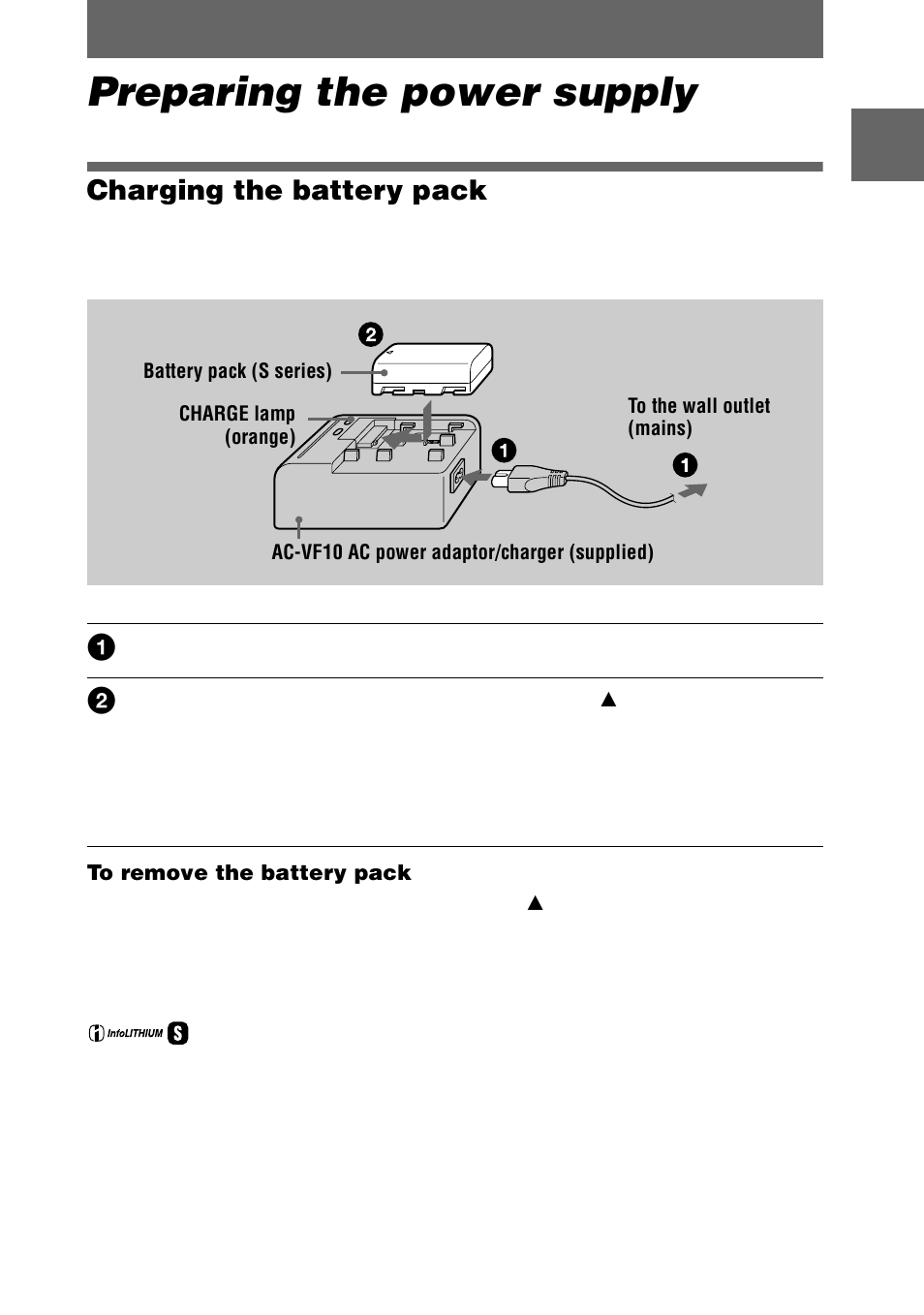 Preparing the power supply, Charging the battery pack | Sony DSC-F505V User Manual | Page 9 / 68