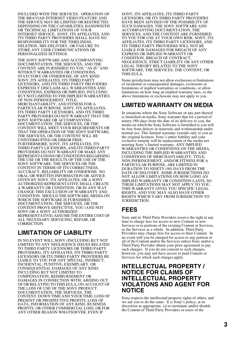 Limitation of liability, Limited warranty on media, Fees | Sony BDV-T37 User Manual | Page 3 / 12