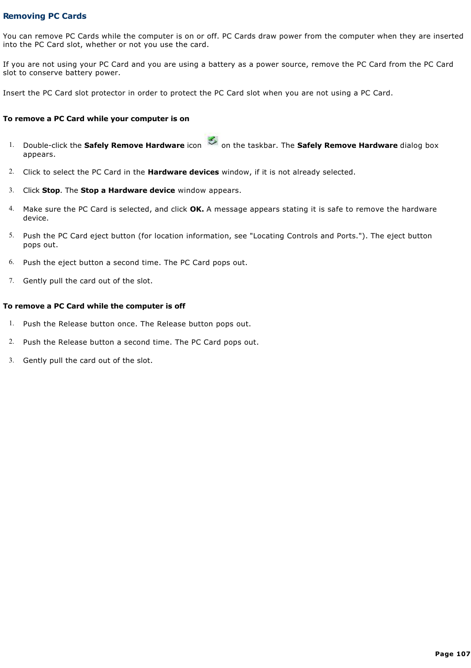 Removing pc cards | Sony VGN-T150 User Manual | Page 107 / 220