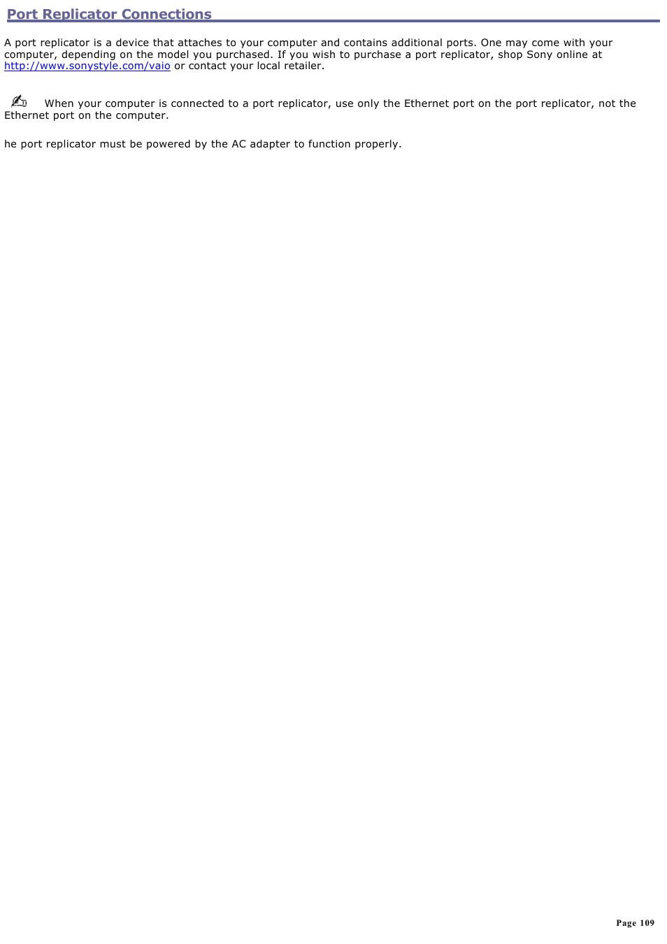 Port replicator connections | Sony VGN-T150 User Manual | Page 109 / 220