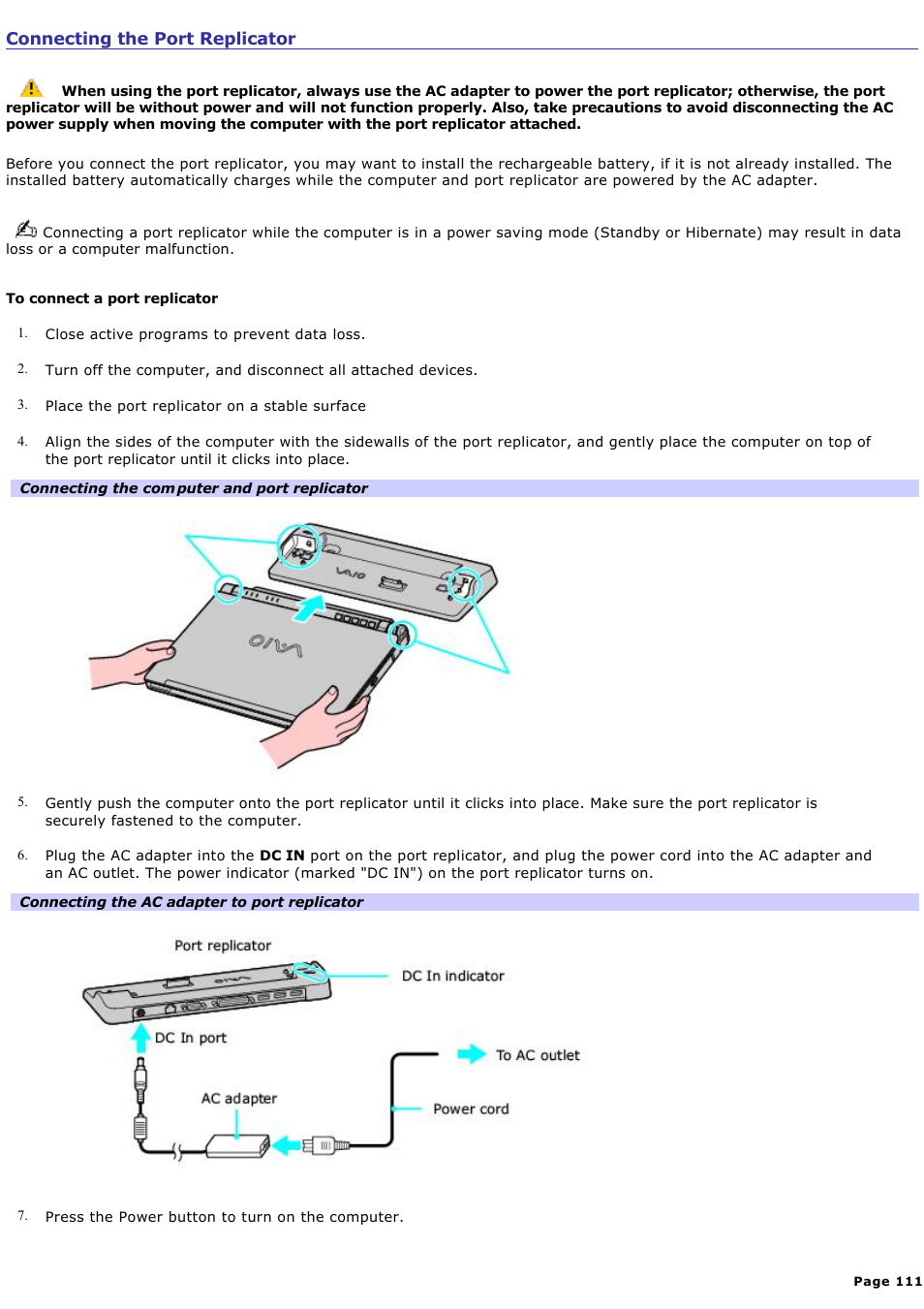 Connecting the port replicator, Connect the port replicator to the computer. see | Sony VGN-T150 User Manual | Page 111 / 220