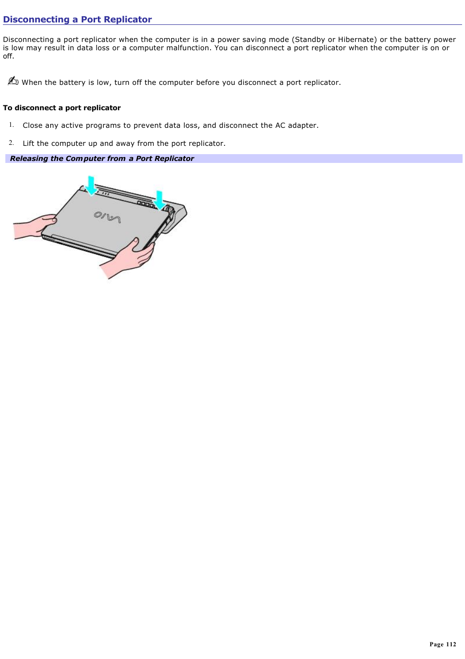 Disconnecting a port replicator | Sony VGN-T150 User Manual | Page 112 / 220