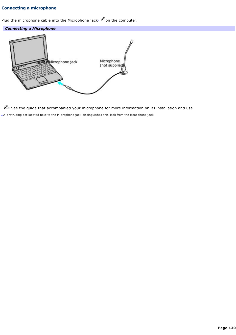 Connecting a microphone | Sony VGN-T150 User Manual | Page 130 / 220