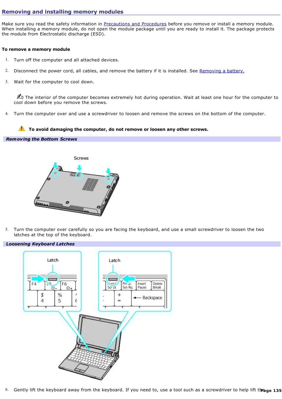 Removing and installing memory modules | Sony VGN-T150 User Manual | Page 135 / 220