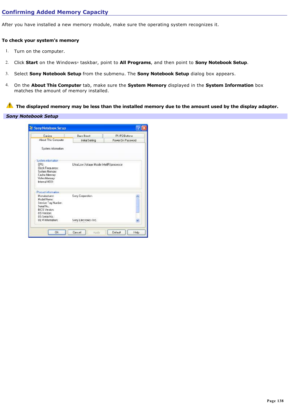 Confirming added memory capacity | Sony VGN-T150 User Manual | Page 138 / 220