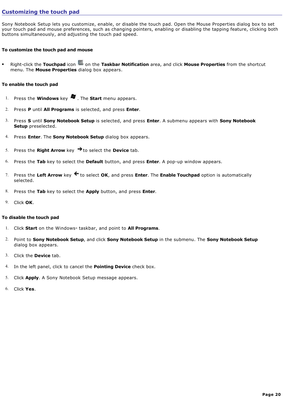 Customizing the touch pad | Sony VGN-T150 User Manual | Page 20 / 220