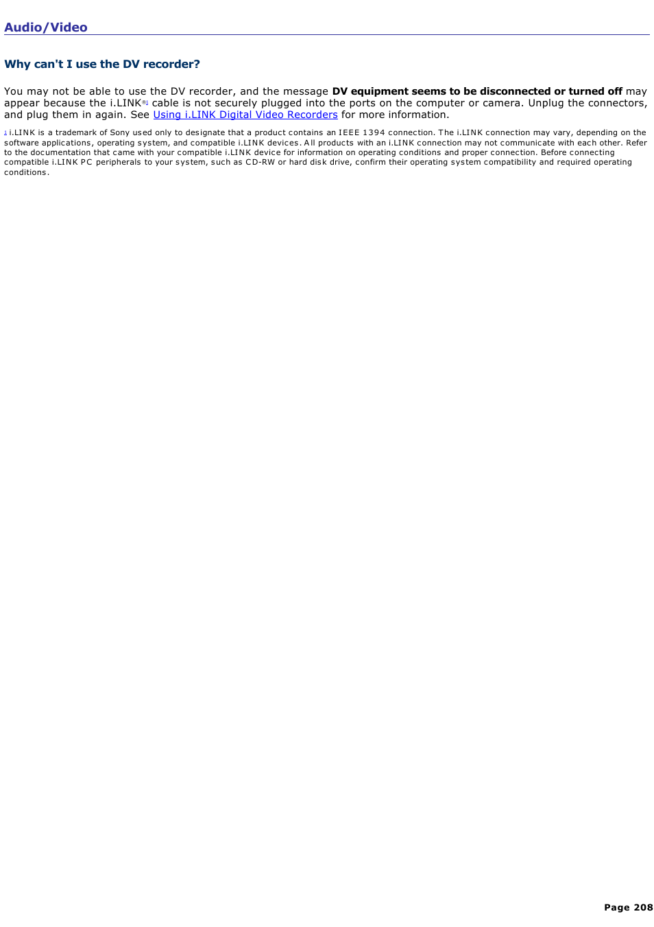 Why can't i use the dv recorder, Audio/video | Sony VGN-T150 User Manual | Page 208 / 220