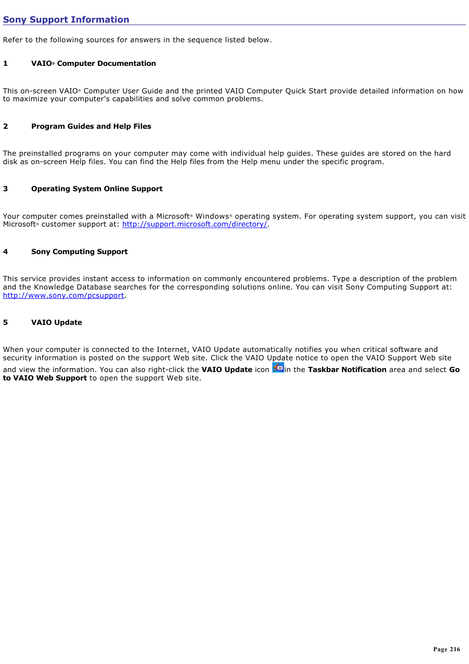 Sony support information | Sony VGN-T150 User Manual | Page 216 / 220