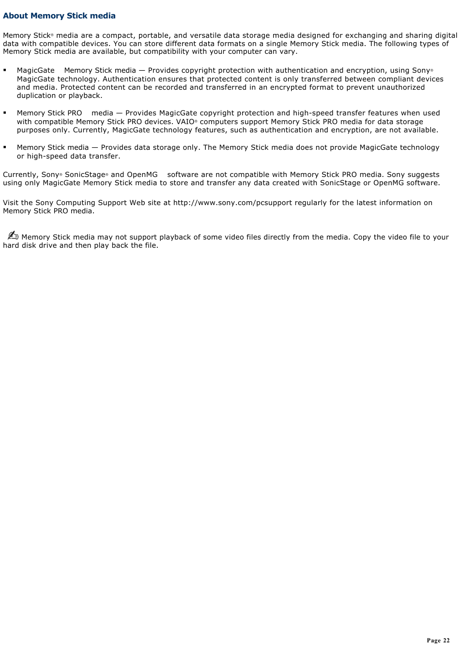 About memory stick media | Sony VGN-T150 User Manual | Page 22 / 220