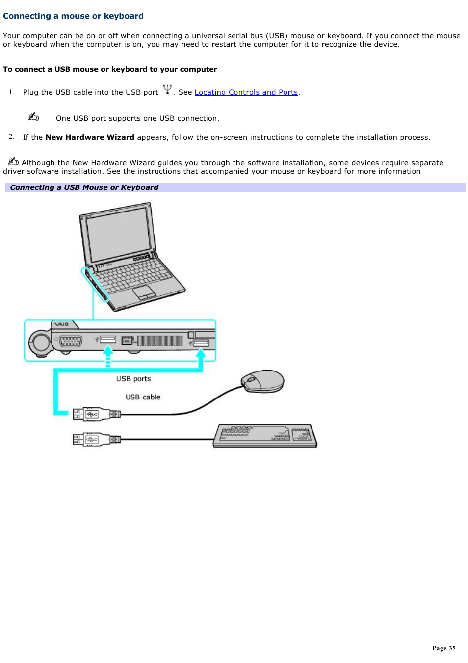 Connecting a mouse or keyboard | Sony VGN-T150 User Manual | Page 35 / 220