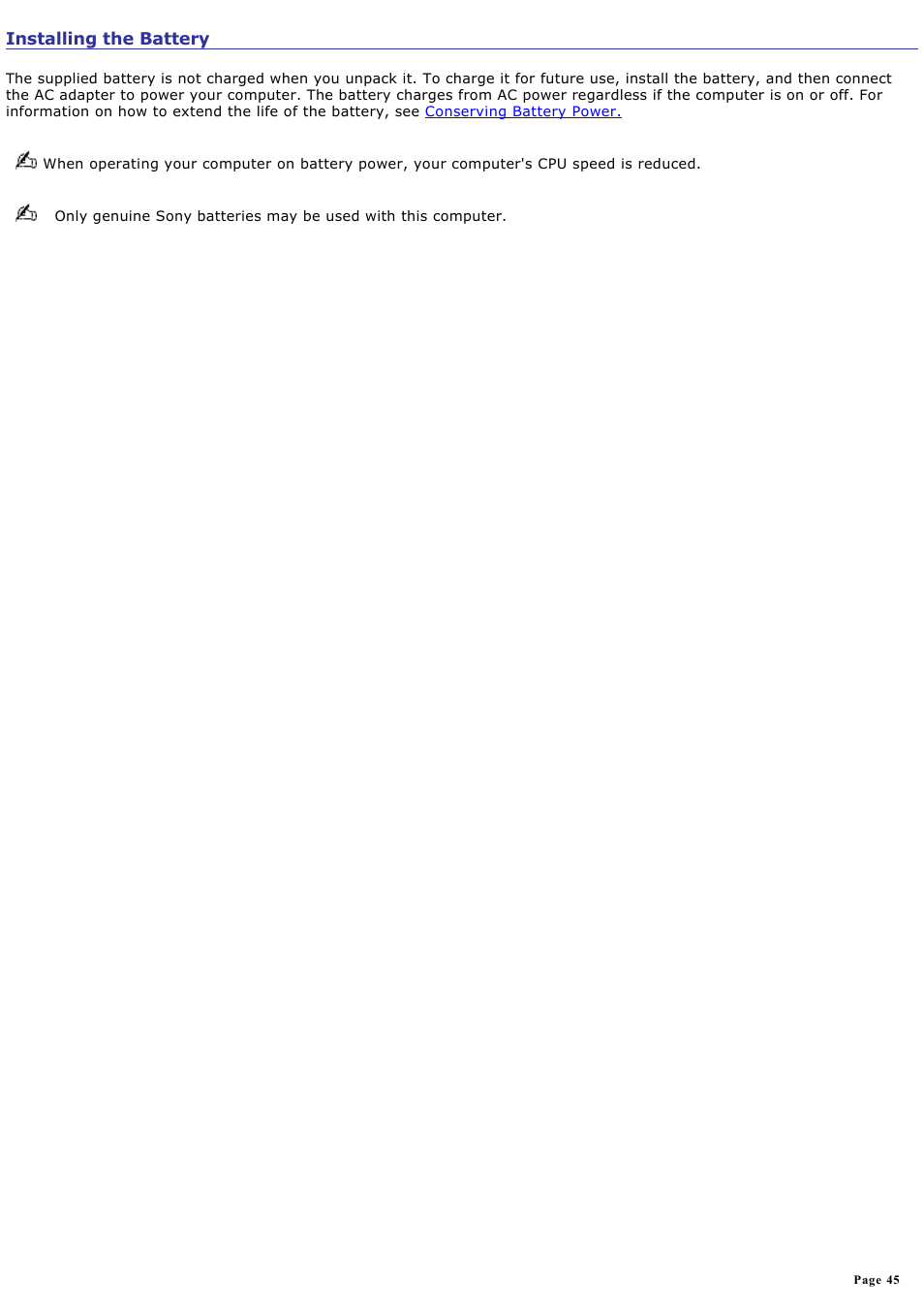 Installing the battery | Sony VGN-T150 User Manual | Page 45 / 220
