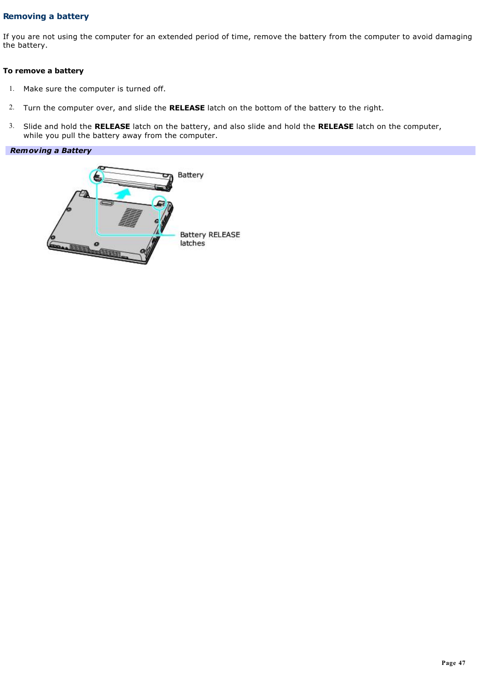 Removing a battery | Sony VGN-T150 User Manual | Page 47 / 220