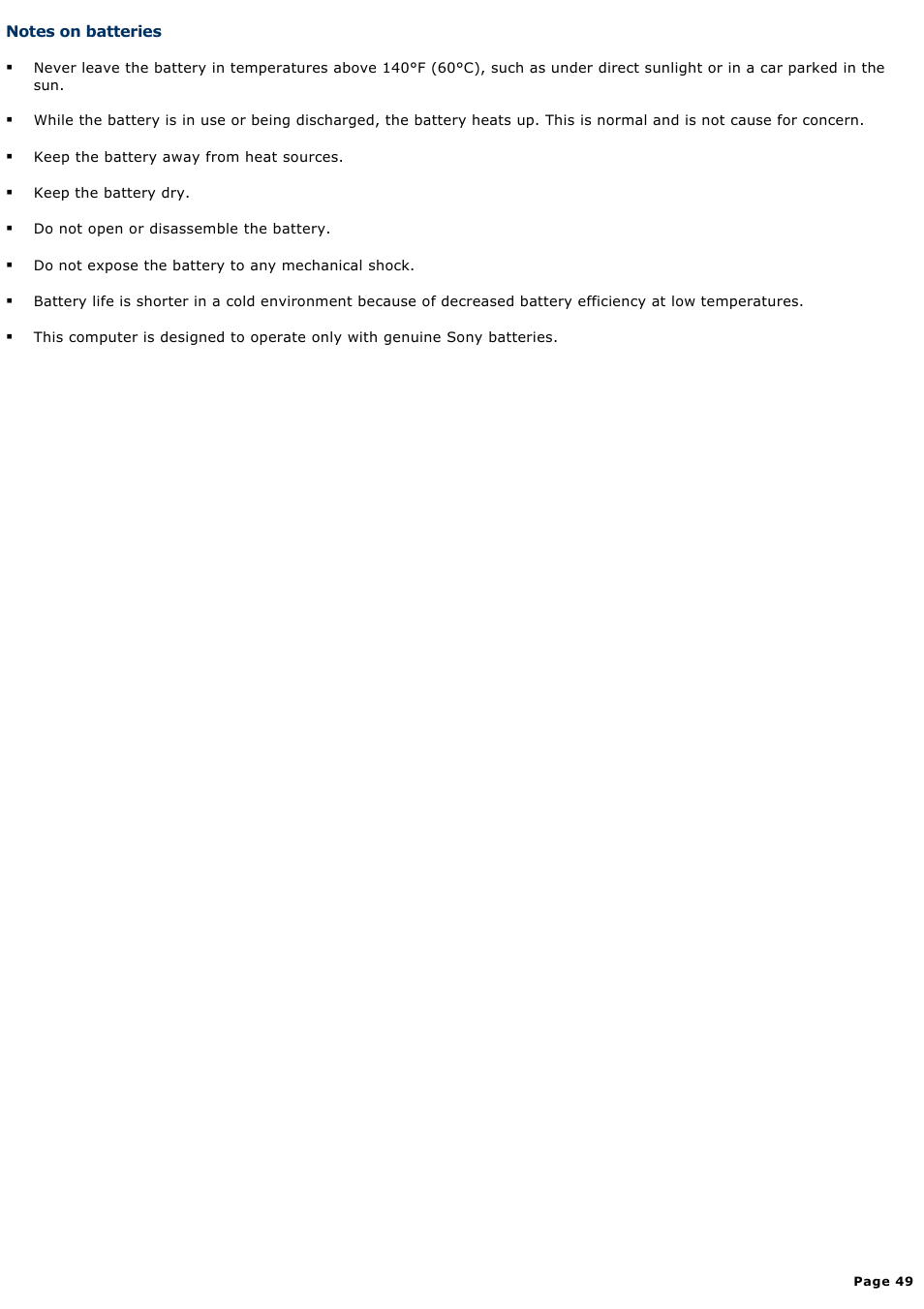Notes on batteries | Sony VGN-T150 User Manual | Page 49 / 220