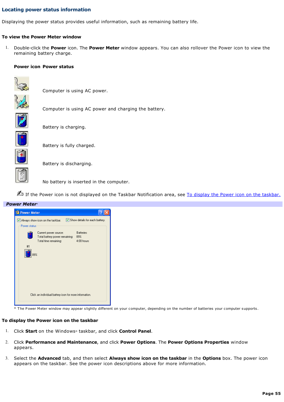 Locating power status information | Sony VGN-T150 User Manual | Page 55 / 220