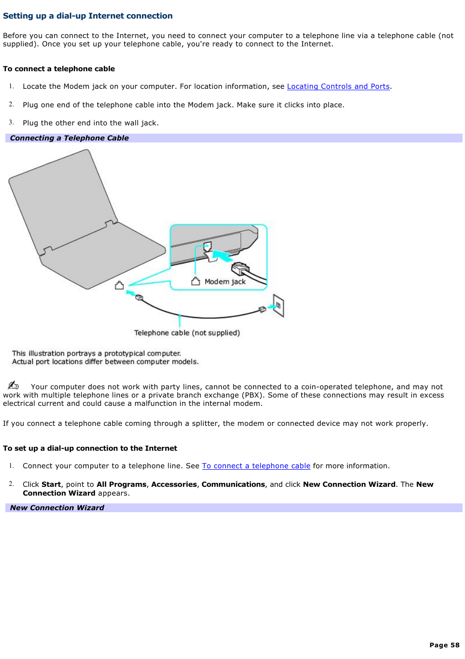 Setting up a dial-up internet connection | Sony VGN-T150 User Manual | Page 58 / 220