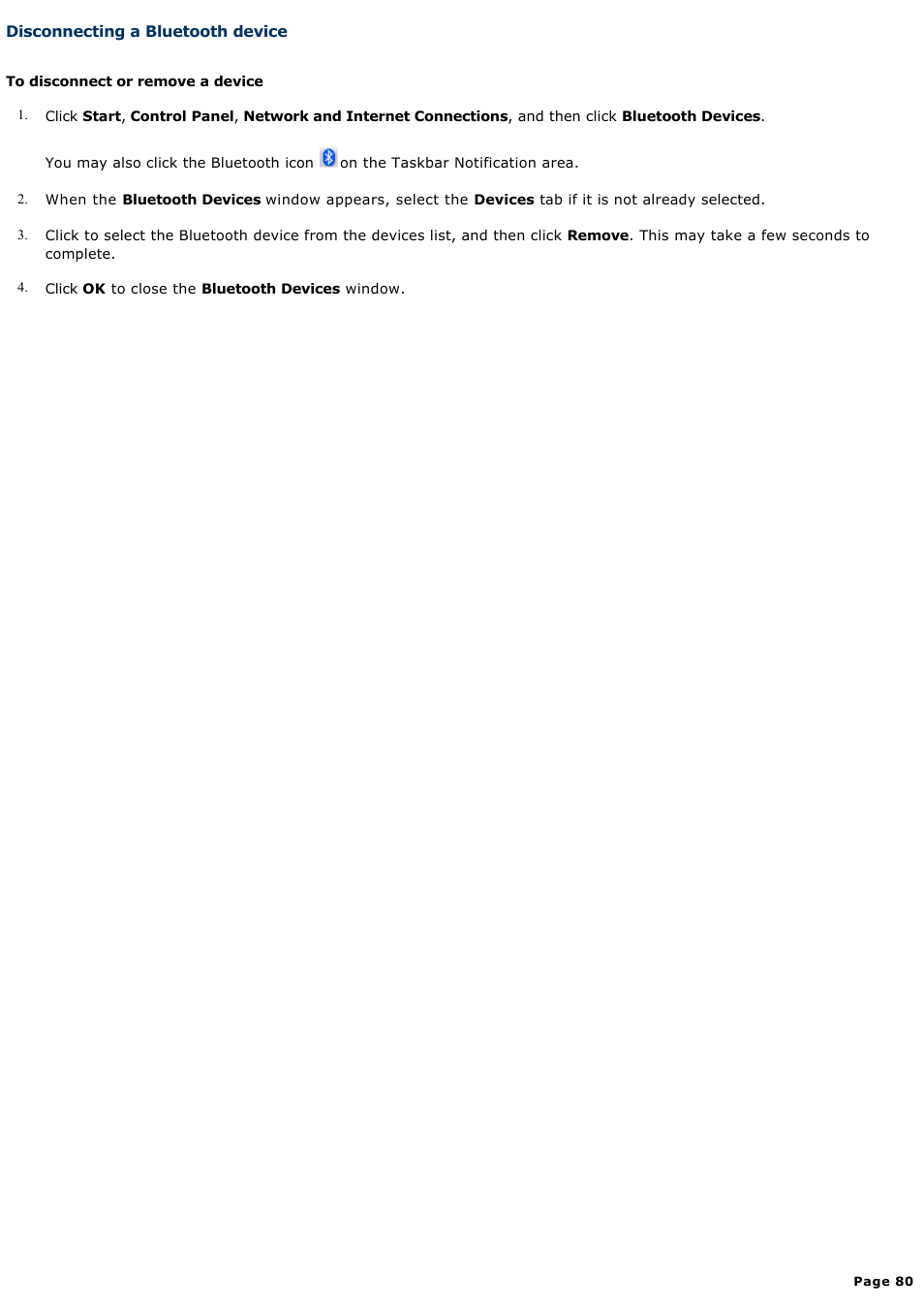 Disconnecting a bluetooth device | Sony VGN-T150 User Manual | Page 80 / 220