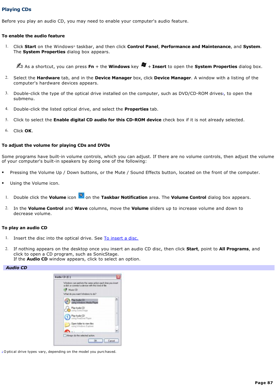 Playing cds | Sony VGN-T150 User Manual | Page 87 / 220