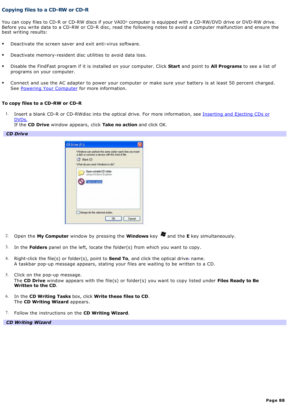 Copying files to a cd-rw or cd-r | Sony VGN-T150 User Manual | Page 88 / 220