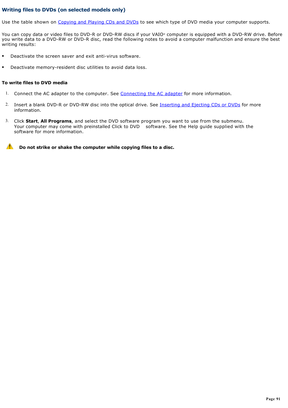 Writing files to dvds (on selected models only) | Sony VGN-T150 User Manual | Page 91 / 220