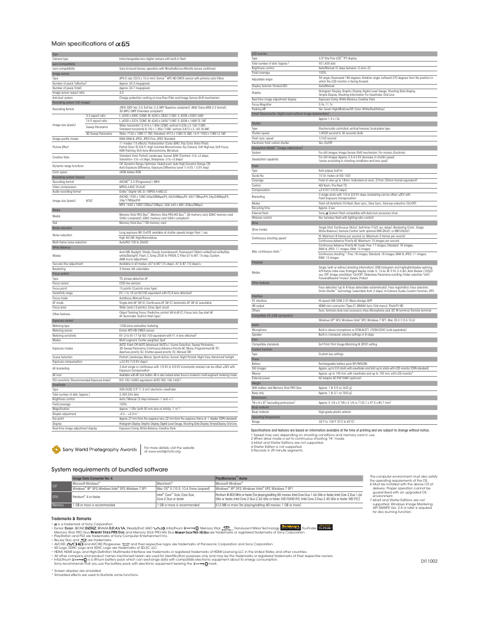 System requirements of bundled software, Main specifications of | Sony SLT-A65VL User Manual | Page 20 / 20
