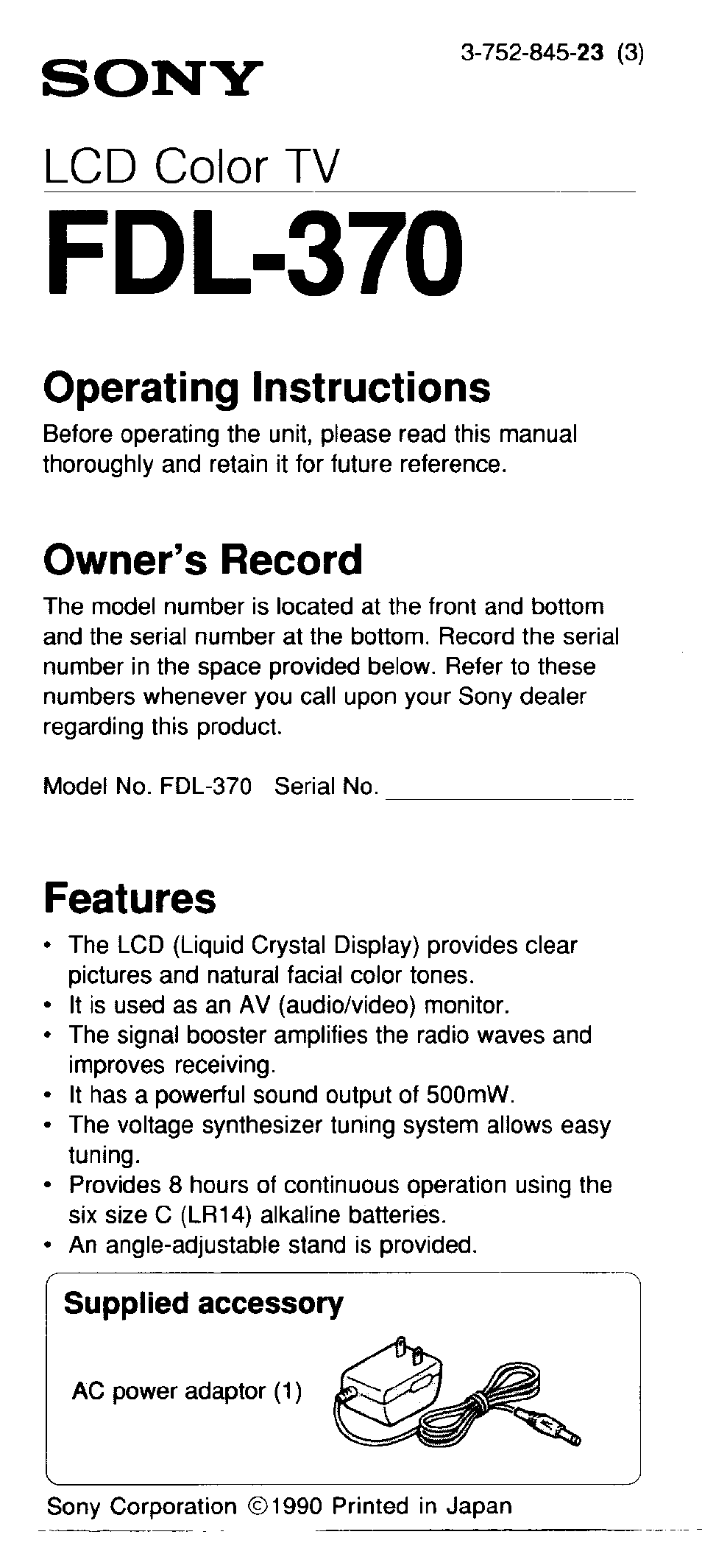 Sony FDL-370 User Manual | 8 pages