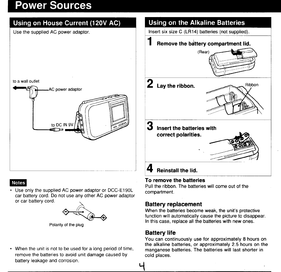 Power sources, Using on house current (120v ac), Using on the alkaline batteries | Battery replacement, Battery life | Sony FDL-370 User Manual | Page 4 / 8