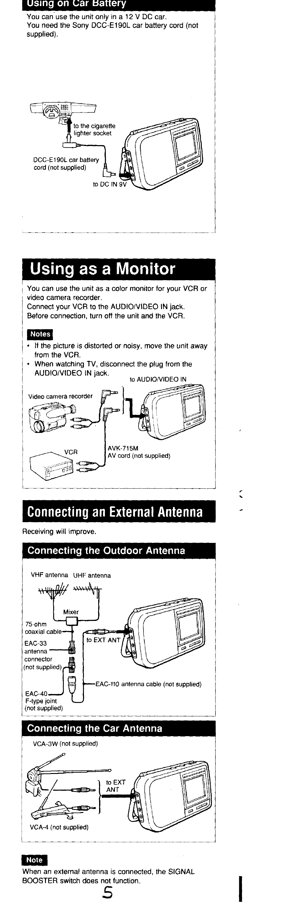 Using as a monitor, Connecting an external antenna | Sony FDL-370 User Manual | Page 5 / 8