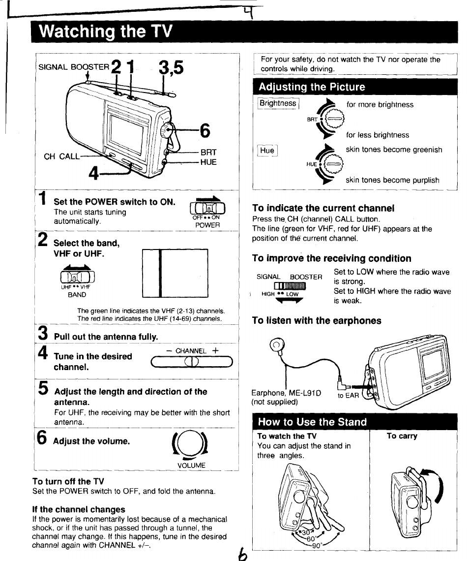 Watching the tv, Adjusting the picture | Sony FDL-370 User Manual | Page 6 / 8