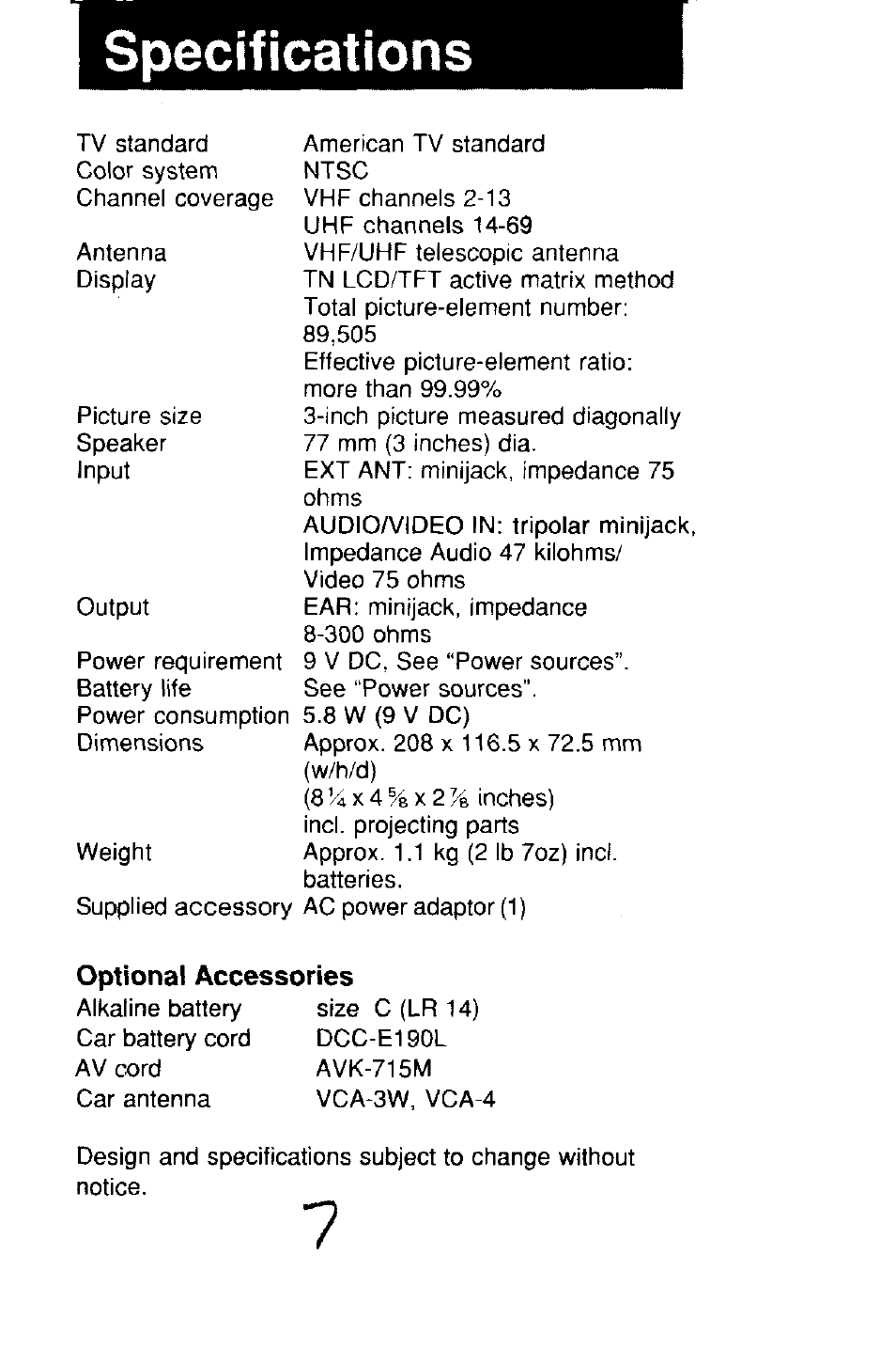 Specifications | Sony FDL-370 User Manual | Page 7 / 8