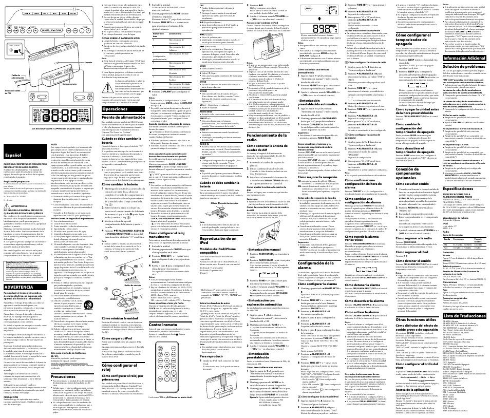 Español, Advertencia, Operaciones | Información adicional, Lista de traducciones | Sony ICF-CS15iPN User Manual | Page 2 / 2