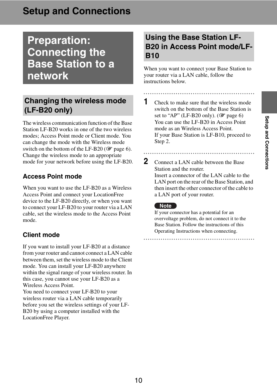 Setup and connections, Changing the wireless mode (lf-b20 only), Switch | Sony LF-B10 User Manual | Page 10 / 73