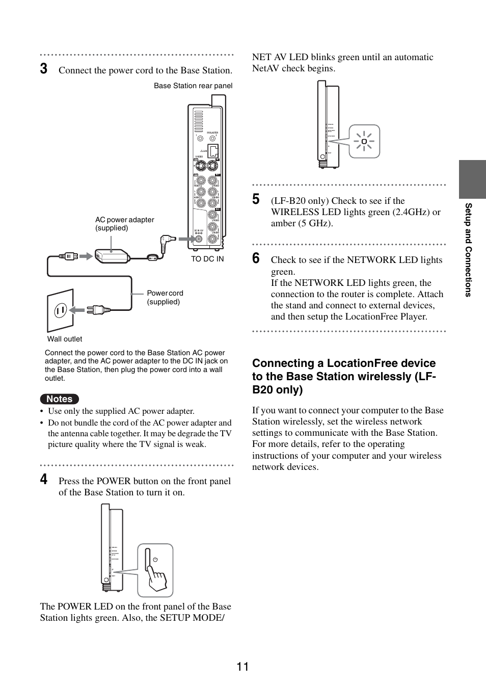 Connect the power cord to the base station, Se tup a nd con n ec tions | Sony LF-B10 User Manual | Page 11 / 73