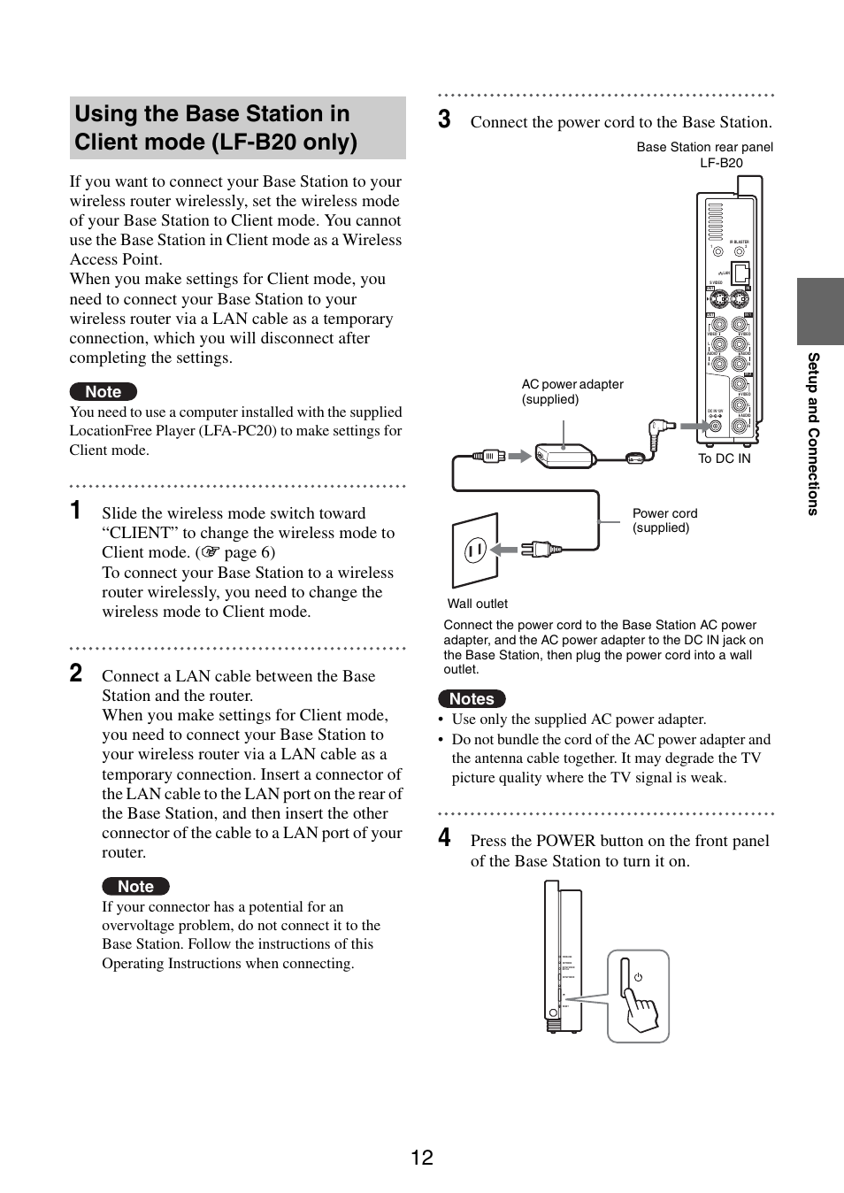 Connect the power cord to the base station, Se tup a nd con n ec tions | Sony LF-B10 User Manual | Page 12 / 73