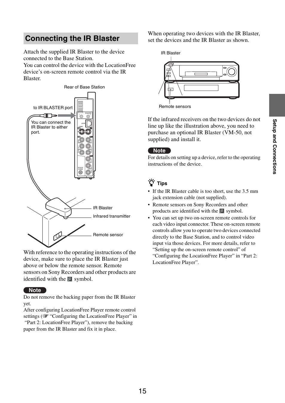 Connecting the ir blaster, Se tup a nd con n ec tions, Tips | Sony LF-B10 User Manual | Page 15 / 73