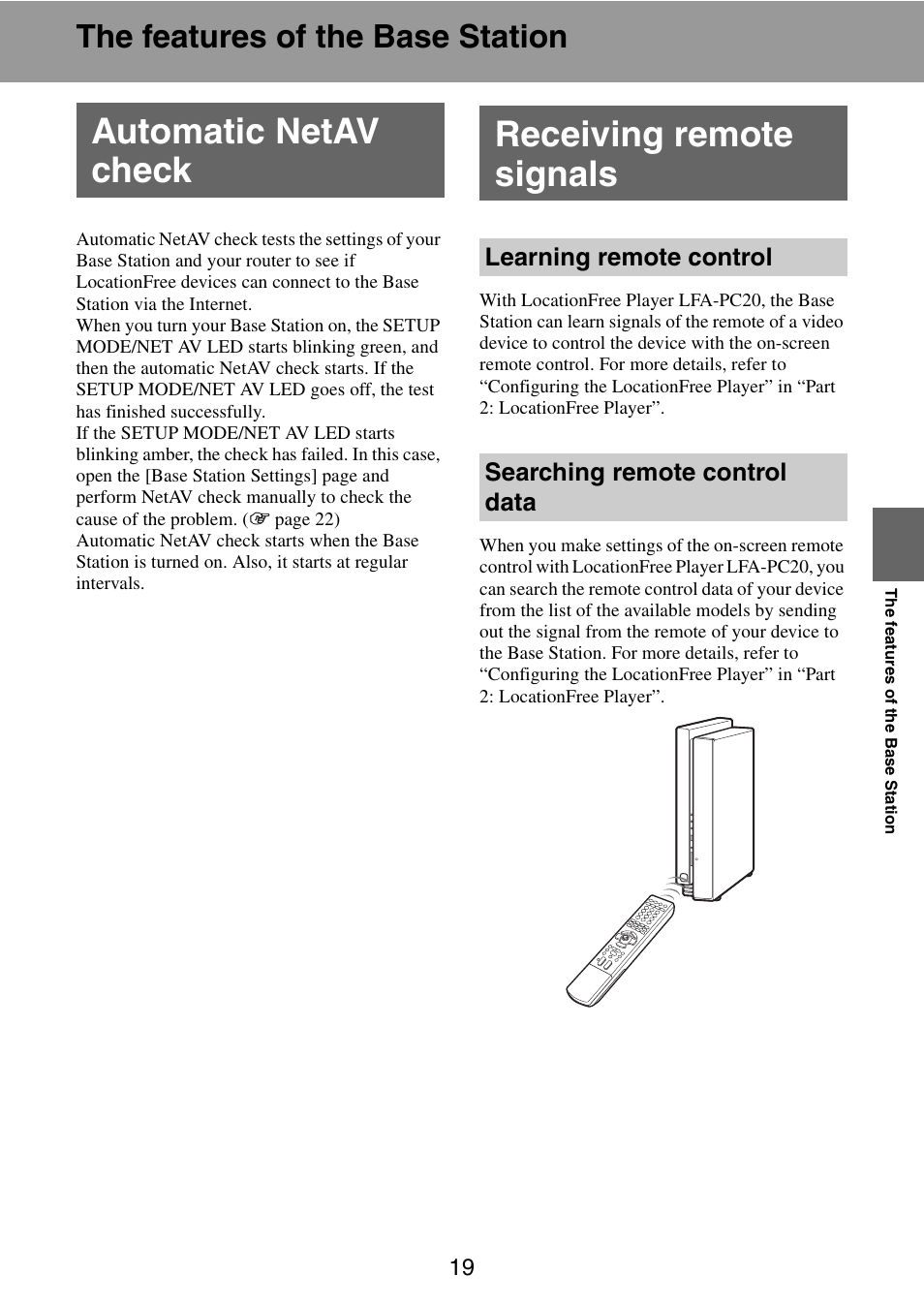 The features of the base station, Automatic netav check, Receiving remote signals | Learning remote control, Searching remote control data, Automatic netav check receiving remote signals | Sony LF-B10 User Manual | Page 19 / 73