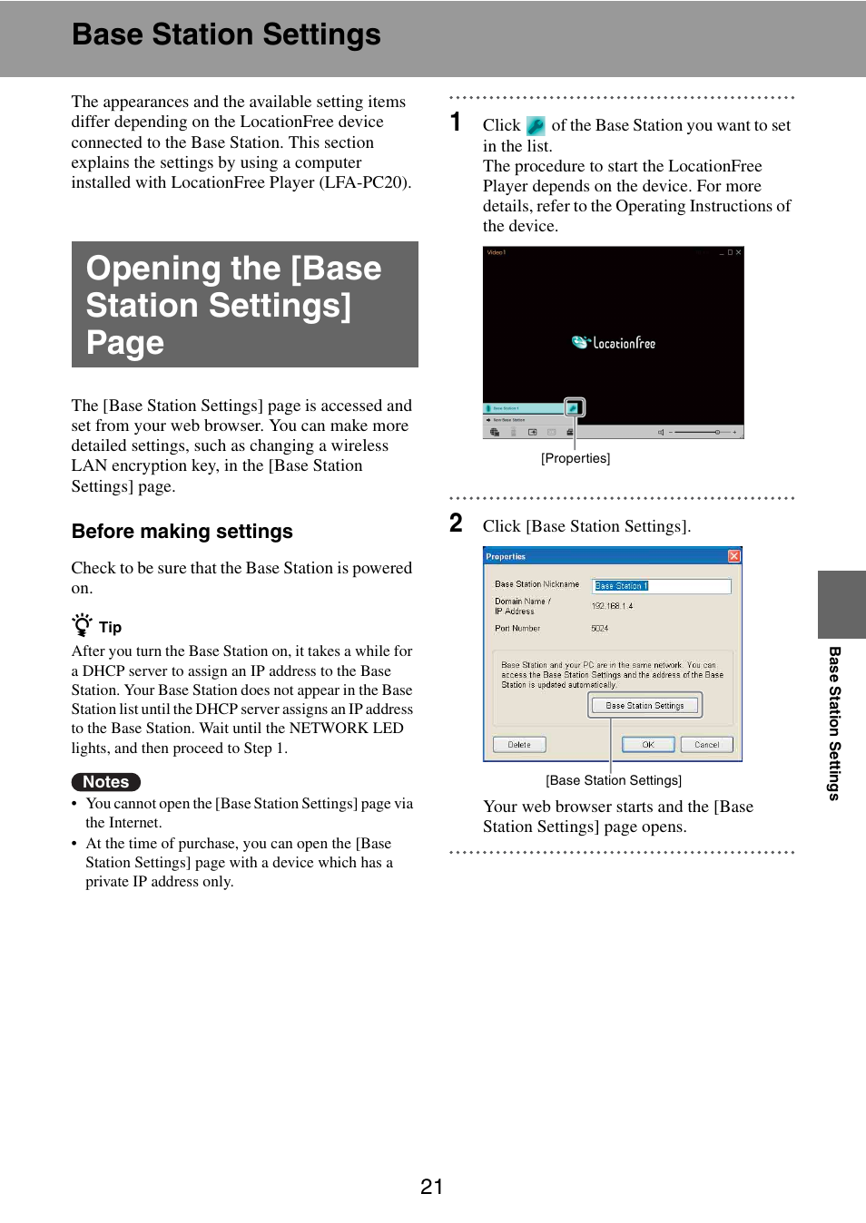 Base station settings, Opening the [base station settings] page | Sony LF-B10 User Manual | Page 21 / 73