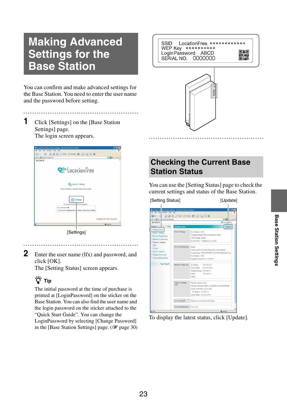 Making advanced settings for the base station, Checking the current base station status | Sony LF-B10 User Manual | Page 23 / 73