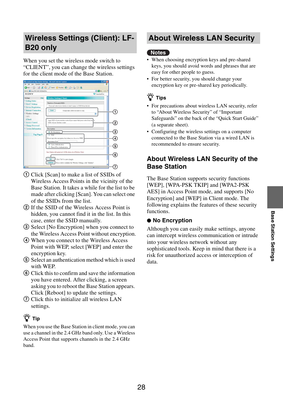 Wireless settings (client): lf- b20 only, About wireless lan security | Sony LF-B10 User Manual | Page 28 / 73