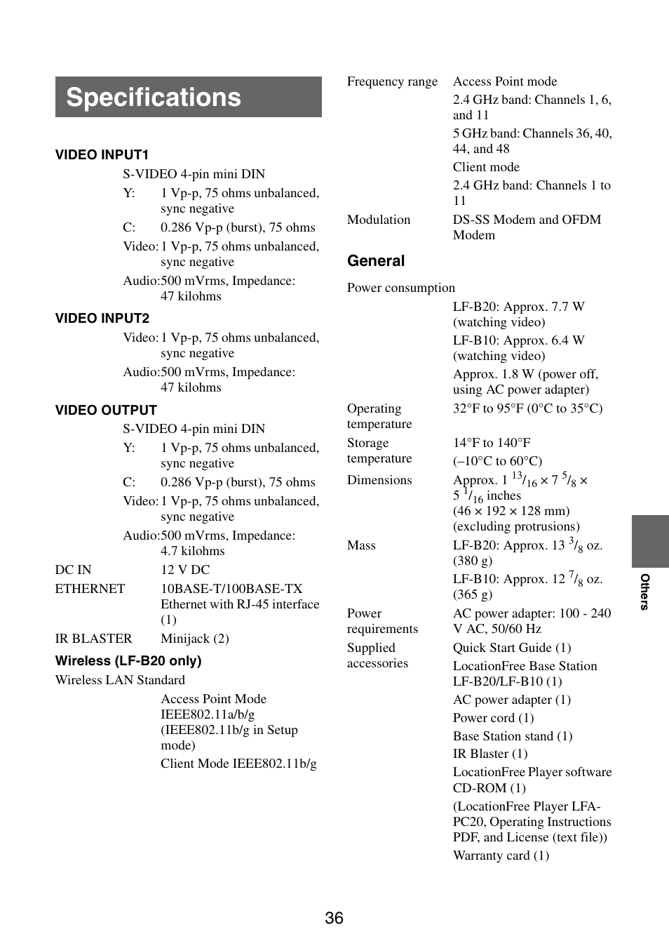 Specifications | Sony LF-B10 User Manual | Page 36 / 73