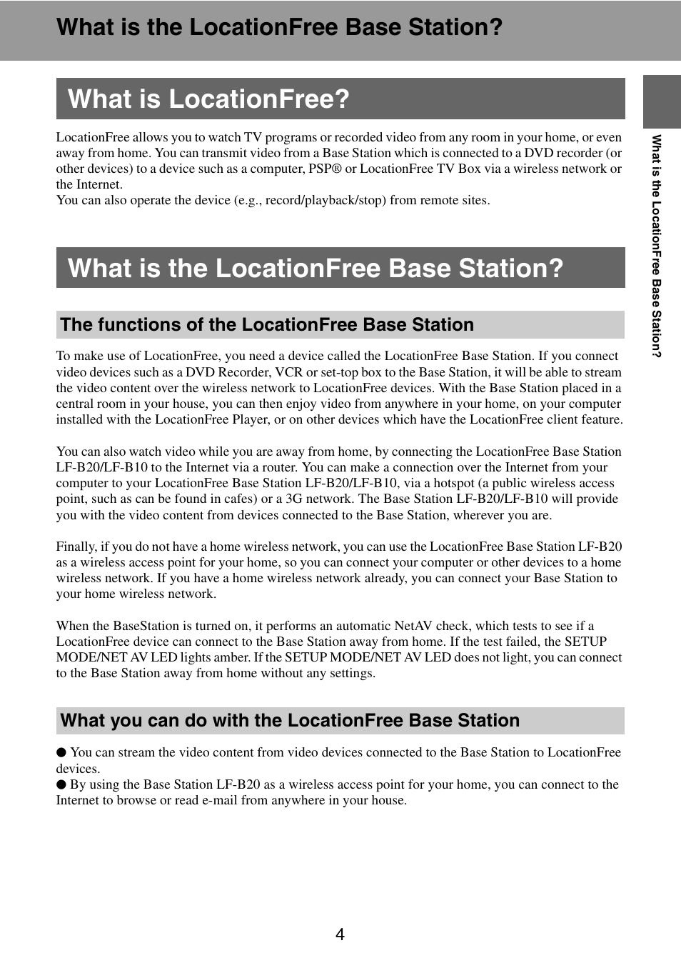 What is the locationfree base station, What is locationfree, The functions of the locationfree base station | What you can do with the locationfree base station | Sony LF-B10 User Manual | Page 4 / 73