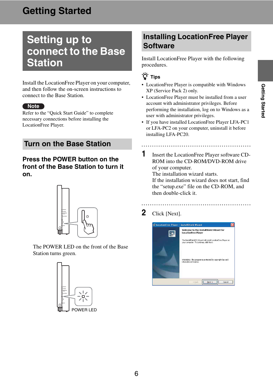 Getting started, Setting up to connect to the base station, Turn on the base station | Installing locationfree player software | Sony LF-B10 User Manual | Page 46 / 73